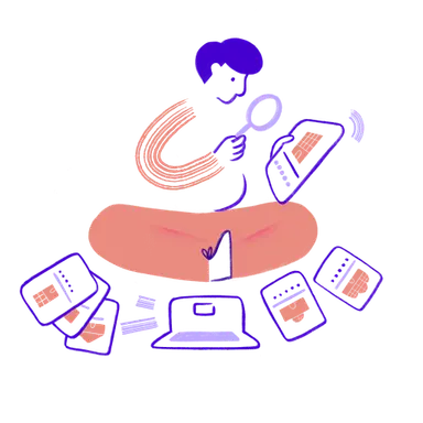 An illustration with woman sitting in front of a laptop